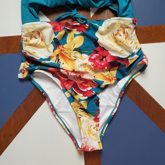 Cupshe Monokini One Piece Womens Medium Teal Floral Cutout Tie neck High Waist - Picture 6 of 9